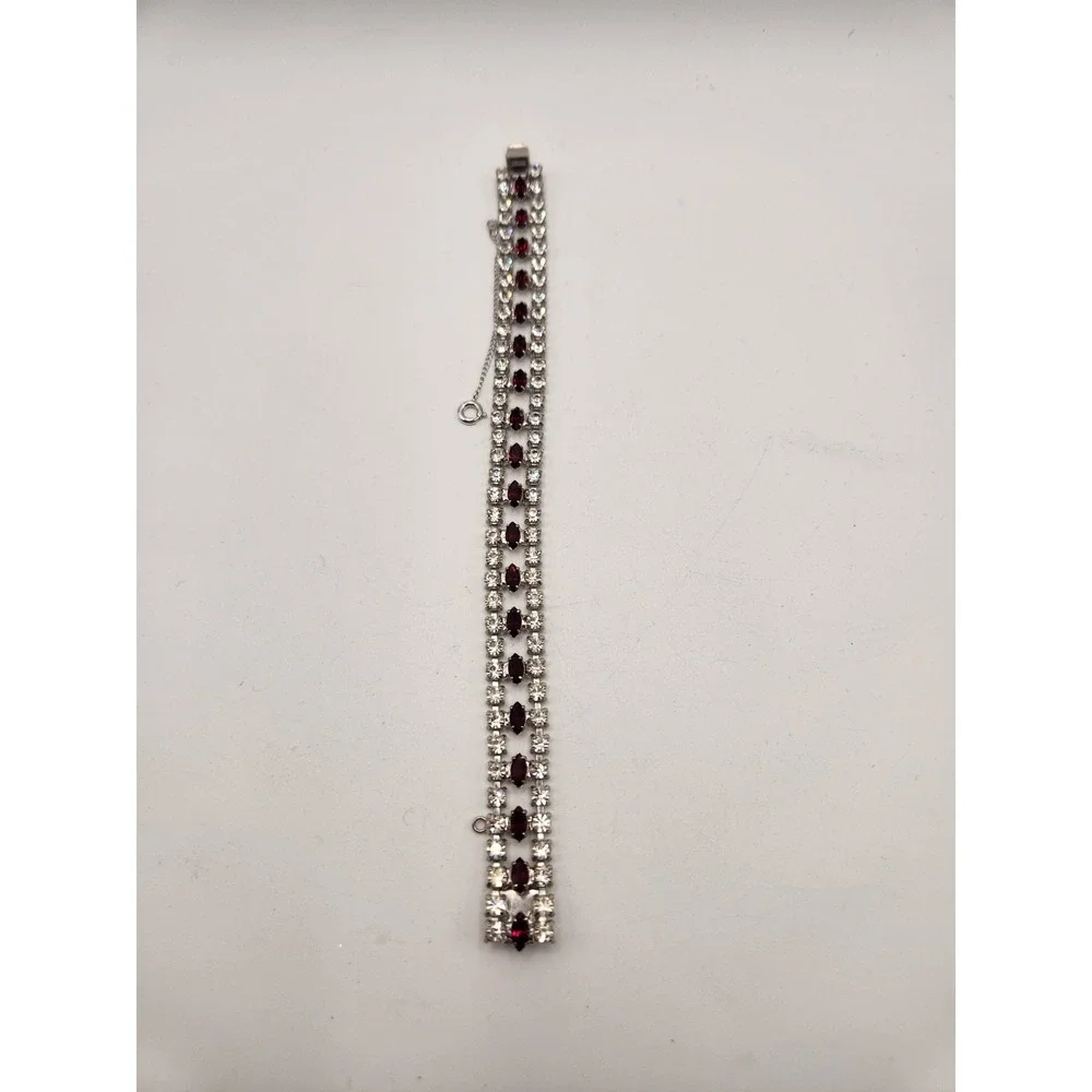Vintage B David Ruby Red Clear Rhinestone Triple Strand Bracelet Silver Tone 7in